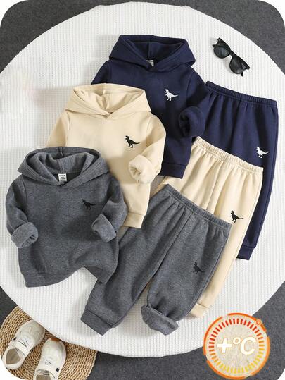 SHEIN 6 件套男婴/女婴可爱休闲运动服，针织字母印花连帽衫和慢跑裤套装，男女通用秋冬婴儿服装