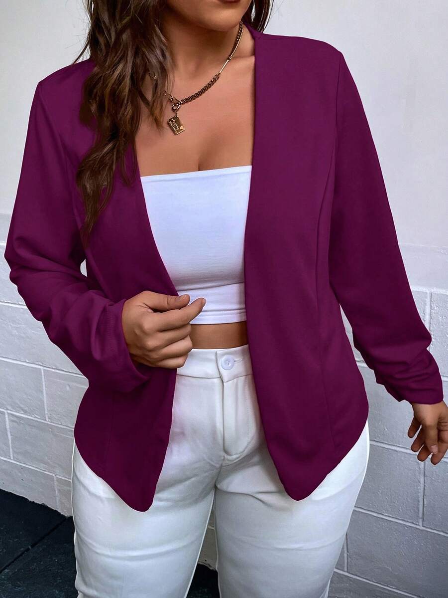 SHEIN Clasi Plus Solid Ruched Sleeve Jacket,Business Casual Woman Winter Fall Autumn - Red Violet - View 1