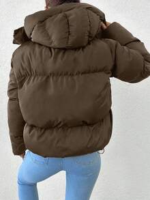 EURMUSE Women's Solid Color Long Sleeve Zipper Front Drawstring Hooded Casual Winter Jacket - Brown - View 3