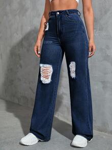 EURMUSE Casual Washed High Waist Distressed Straight Leg Jeans - Dark Wash - View 3