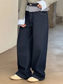 DAZY 少女宽松阔腿牛仔裤，格子拼接，荷叶边腰身，休闲秋季校园风 - 深色水洗藍 - 查看 2