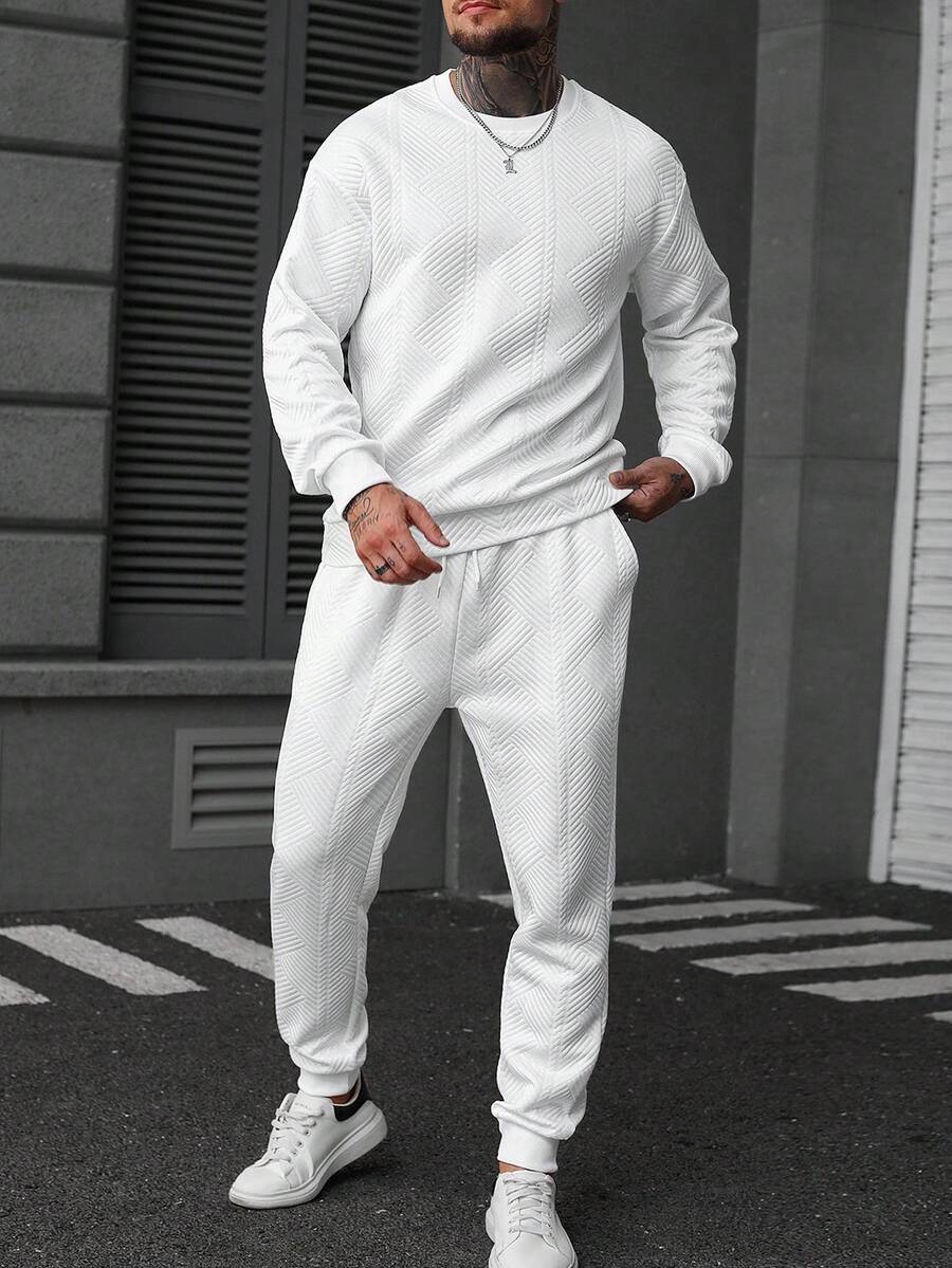 Manfinity CasualCool Men's Casual Crew Neck Long Sleeve Sweatshirt And Pants Set Men White Sweatsuit Set 2 Pieces Sweatsuit Set Men Men 2 Pieces Outfit White White Sweat Set Men 2 Pieces Set Men White , Fall Clothes