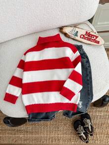 SHEIN 4pcs Family Matching Outfits Mommy And Me, Red & White Thick High Neck Pullover Sweater, Suitable For Home, Outings, Christmas, Color Block Patchwork, Fleece/Thickened, Suitable For Christmas Autumn Winter - Red and White - View 2