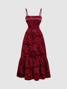 SHEIN MOD 女式无袖天鹅绒压花珍珠装饰中长连衣裙 - 酒紅色 - 查看 4