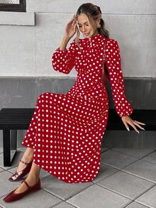 Pariaura 女士优雅波尔卡圆点腰收腰长袖连衣裙 - 紅色 - 查看 5