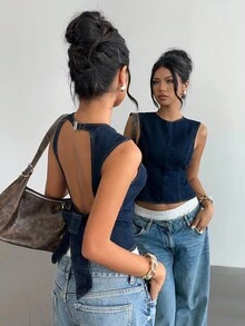 Aloruh Women's Dark Wash Denim Sleeveless Round Neck Backless Tie-Back Crop Top
