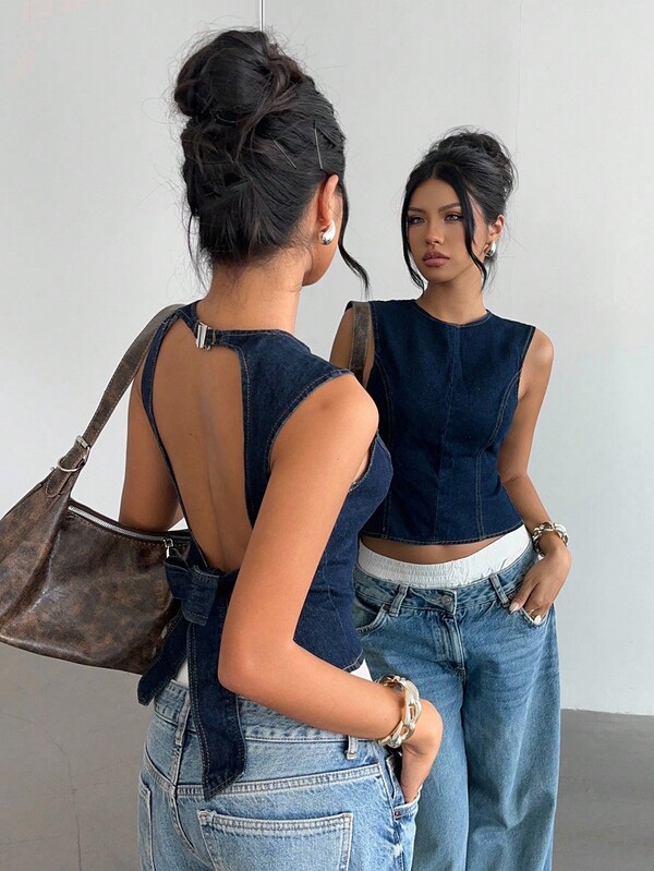 Aloruh Damen lässiges tailliertes ärmelloses blaues Denim Rückenfrei Hemd