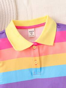 Young Girls' Sweet & Cute Rainbow Striped Polo Collar Casual Everyday Comfortable Versatile Dress - Purple - View 4
