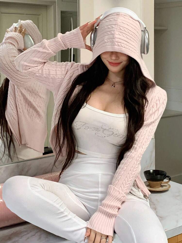 Women's Autumn/Winter Textured Cable Knit Patchwork Fitted Hoodie Sweatshirt, Casual Sexy Cardigan
