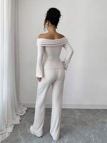 Elenzga Bộ 2 áo len hở vai tay dài và quần ống đứng thường ngày cho nữ, Thu/Đông - Màu be - Xem 2