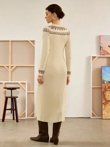 Chiquease Autumn/Winter Casual Bohemian Geometric Pattern Fitted Knit Dress - Apricot - View 2