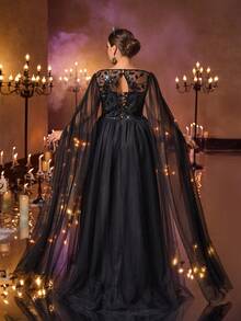 Glamrae Đầm maxi cỡ lớn sang trọng, lãng mạn màu đen đính hoa và hạt cườm, thích hợp cho đám cưới, tiệc tùng, các sự kiện kỷ niệm, dạ hội trang trọng, ngày Valentine. - màu đen - Xem 5