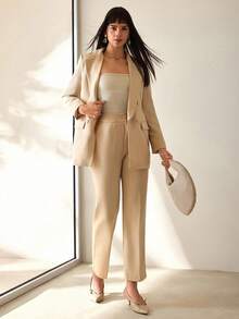 CLARA VERO Women Solid Color Button Front Detailed Jacket And Pants Suit Sets - Beige - View 3