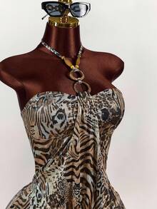 Amplova Vestido ajustado de mujer con tirantes finos y estampado de leopardo