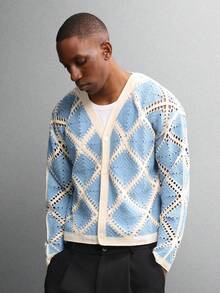 SUMWON 短款男士格子钩针开襟长袖针织开衫毛衣秋冬休闲分层外套 - 藍白色 - 查看 1