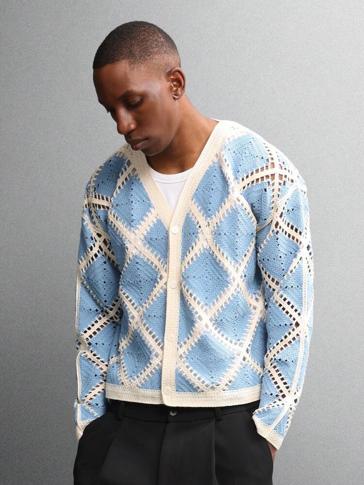 Cárdigan de punto abierto con mangas largas y diseño de crochet enrejado