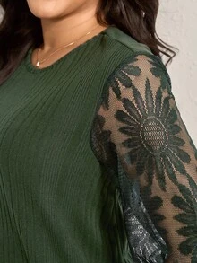 Comfylo 加大码女式柔软纹理罗纹拼布透视刺绣向日葵上衣感恩节女式新年衣服女式狂欢新年除夕 - 墨綠色 - 查看 5