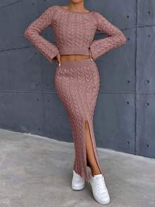 EURMUSE Áo len dệt kim cáp hở vai tay rộng thanh lịch & chân váy len dệt kim cáp có xẻ tà - Bụi hồng - Xem 5