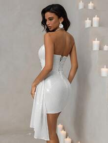 Vowa 时尚、性感、前卫、网眼、闪亮、奢华白色亮片面料、鱼骨纹、适合夜店、派对、度假、酒会、签到、鸡尾酒会礼服 - 白色 - 查看 2