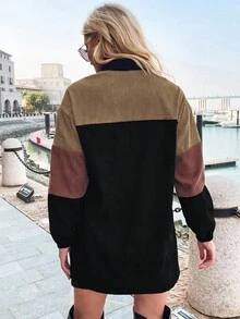 EMERY ROSE Fall Winter Women Multi-Color Clash Coat,Casual Black Brown Contrast Detail Design Button Shirt Collar Pocket,Business Office Workplace Occasion Coat - Brown - View 2