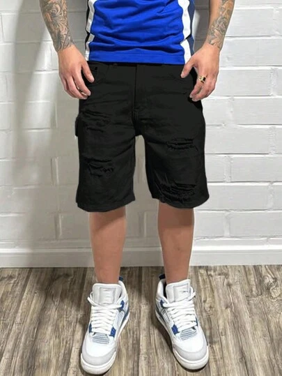 Manfinity Homme 男士休闲纯色破洞牛仔短裤，夏季