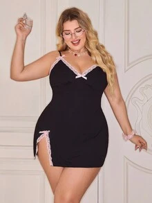 大码蕾丝边撞色细肩带迷你侧开衩睡袍，粉色 - 黑色 - 查看 4