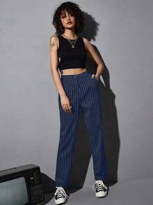 SHEIN Unity Casual Blue & White Striped Suit Pants, Suitable For Daily Commute - Royal Blue - View 4