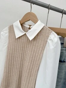 SHEIN Blusa de dos tonos con mangas abullonadas para niñas preadolescentes, 2 en 1, casual y elegante para uso diario, de vuelta al colegio - Albaricoque - Ver 7