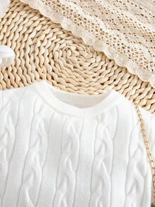 SHEIN 女婴简约圆领粗针织罗纹毛衣裙婴儿白色连衣裙粗针织婴儿连衣裙女婴白色毛衣裙白色针织裙幼儿白色长袖连衣裙秋冬 - 白色 - 查看 5