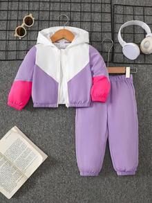 SHEIN [2件組] 嬰兒女童幼兒運動風拼色紫色白色粉色連帽長袖拉鍊夾克運動長褲套裝，休閒春秋冬穿著 - 紫色 - 查看 1