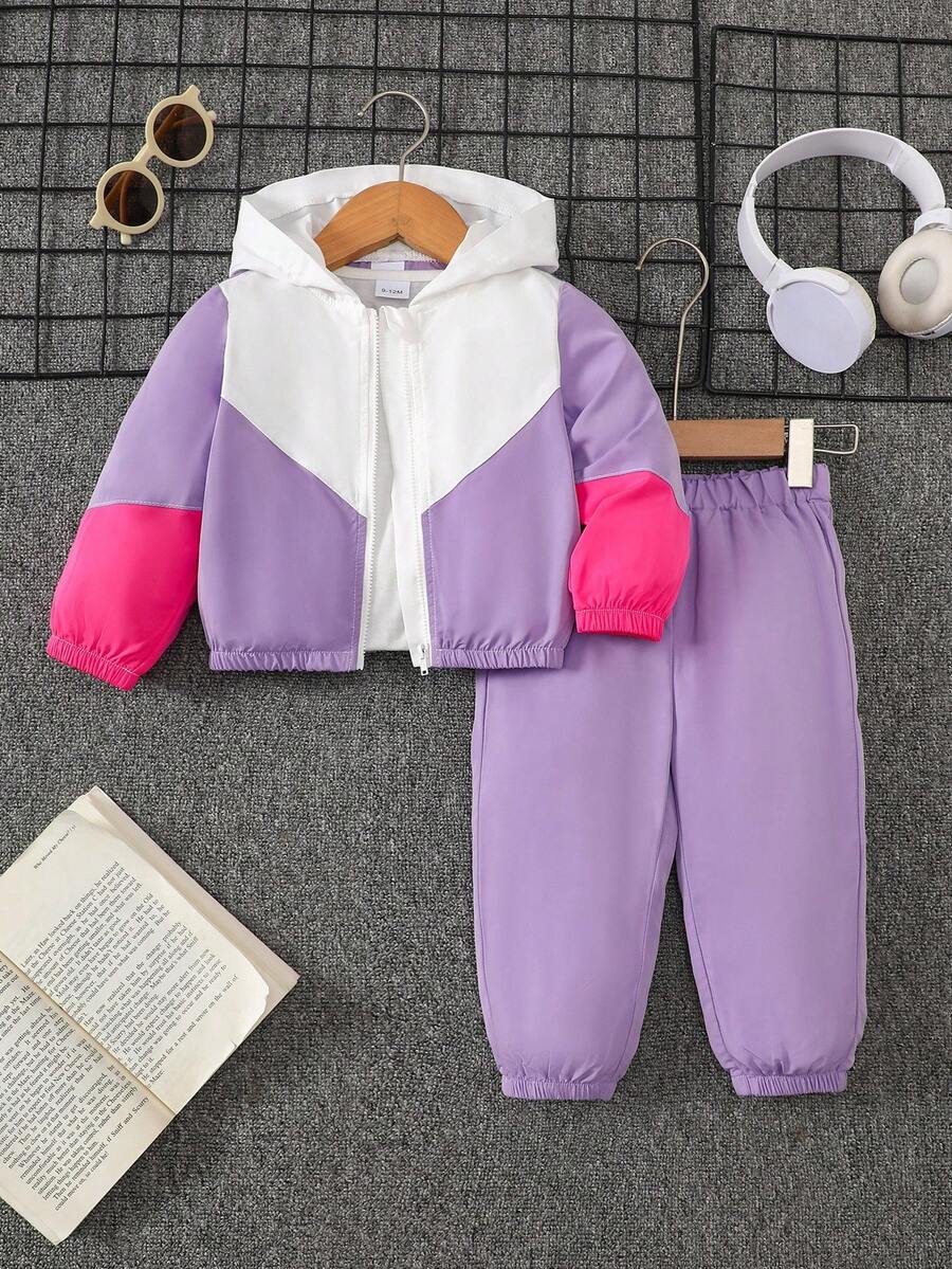 SHEIN [2件組] 嬰兒女童幼兒運動風拼色紫色白色粉色連帽長袖拉鍊夾克運動長褲套裝，休閒春秋冬穿著 - 紫色 - 查看 1
