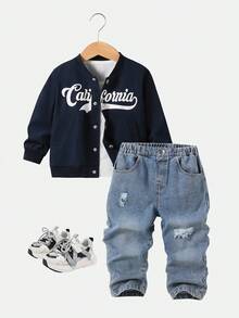 SHEIN 2 件年轻男孩休闲舒适百搭夹克摩托车风格棒球夹克带刺绣和柔软水洗宽松裤套装，拉绒厚款适合秋冬季 - 藍色 - 查看 1
