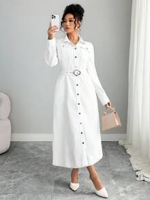 Elenzga Đầm denim thắt lưng đơn giản thời trang dành cho nữ - trắng - Xem 3