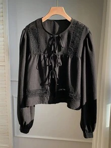 Comfortcana 女士度假休闲纯色蕾丝拼布系带衬衫 - 黑色 - 查看 5