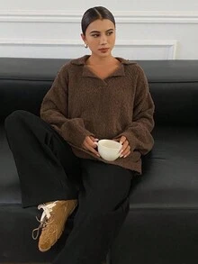 DAZY Suéter holgado y casual de mujer, color marrón, para otoño/invierno - Negro - Ver 5