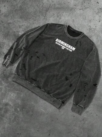 Street Life Felpa girocollo da uomo, stile americano da strada, lavata con acido, effetto consumato