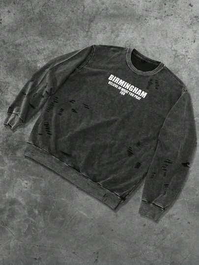 Street Life Felpa girocollo da uomo, stile americano da strada, lavata con acido, effetto consumato