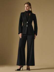 Briarwyn 女士纯色翻领长袖腰部修身优雅西装外套 - 黑色 - 查看 7