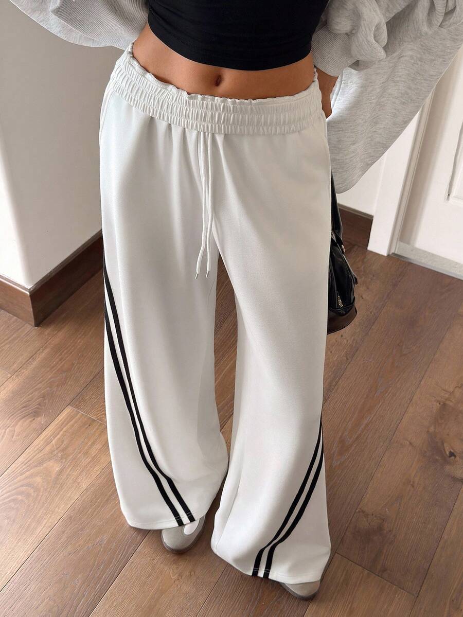 Jouncy Women's Contrast Stripe Elastic Waist Loose Casual Sweatpants, Versatile For Summer - White - View 1