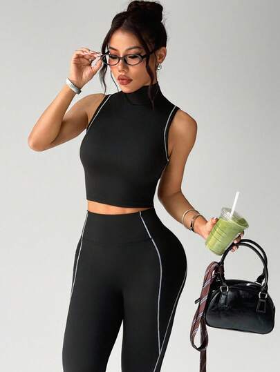 SHEIN Sports 女士高领翻领健身瑜伽运动文胸背心，裸色高弹力 Polo 衫
