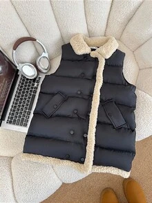 SHEIN Tween Girl Button Decor Solid Color Sleeveless Padded Coat,Casual & Versatile Black Winter Modest Puffer Vest For Date,School,Travel & Daily Wear - Black - View 2