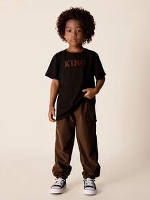 2pcs/Set Young Boys Casual Comfortable Versatile Short Sleeve T-Shirt And Drawstring Pants Set, Suitable For Spring/Summer Outdoor Wear - Brown - View 5