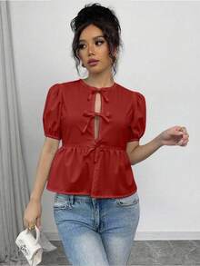 Chiquease Women's Solid Color Bow Decor Short Puff Sleeve Ruffle Hem Blouse - Burgundy - View 6