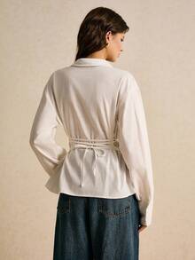 Poéselle Women's Shirts, Tie Back Waist, Button Closure, Fitted Waist Shirts, White Shirts, Long Sleeve Shirts, Women's Blouse, Casual Women's Solid Color Long Sleeve Single-Breasted Waist Casual Shirt Fall Clothes For Women Autumn Outfits For Women Winter Clothes For Women  Women's Winter Clothes - White - View 5