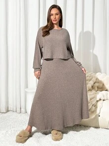 Auralis 秋季大码休闲纯色长袖上衣和裙子两件套