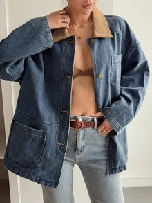 Livesso Women's Loose Denim Jacket With Fabric Patchwork, Autumn - Blue - View 3