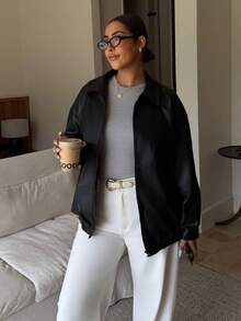 Dripcurv 加大落肩拉链 PU 皮夹克 - 黑色 - 查看 2