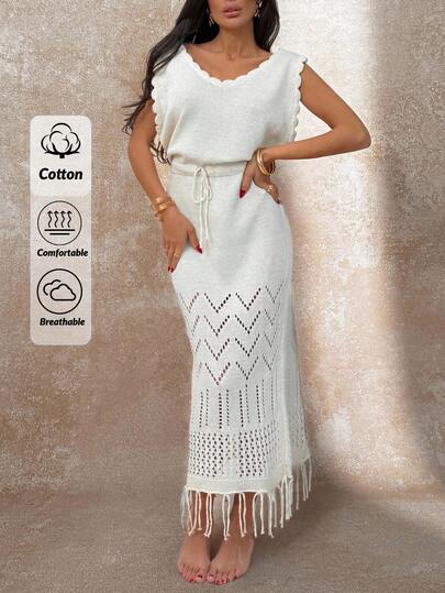 EURMUSE Women Solid Color Hollow Out Sleeveless Hem Detailed Long Sweater Cover Up