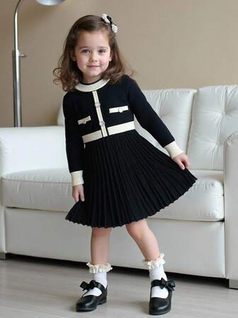 SHEIN Playful Pals Young Girl Color Block Round Neck Long Sleeve Pleated Hem Knit Dress Girls Black Dress Kids Pleated Skirt Black And White Kids Dress Girls Fall Dress Girls Winter Dress Toddler Girls Sweater Young Girls Fall Outfits Young Girls Winter Clothes Kids Fall Clothes