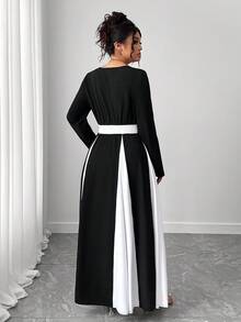 Elenzga Elegant Minimalist Color Block Long Sleeve Square Neck Dress Fall Cloth For Women - Black and White - View 2